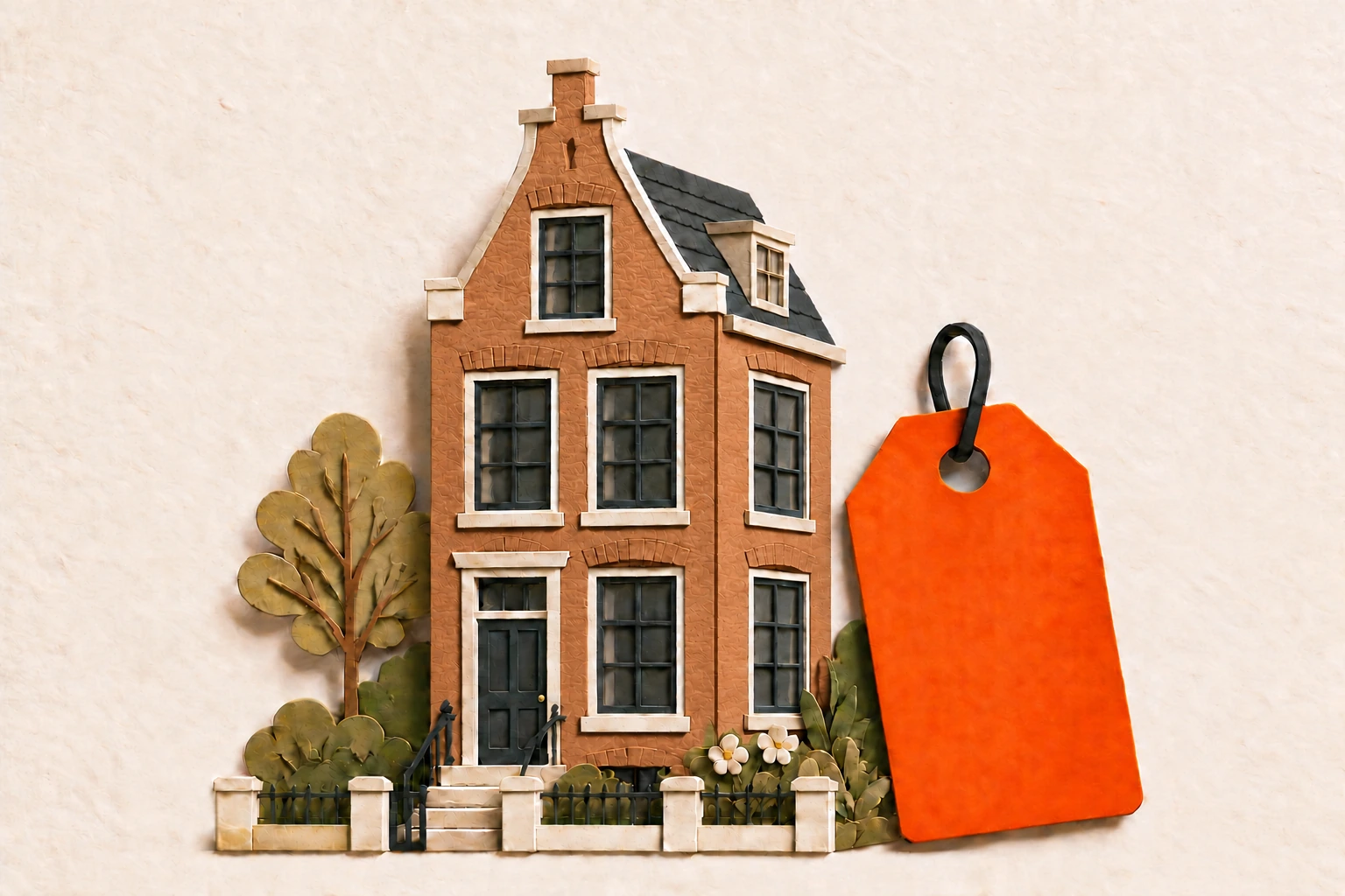 A paper-crafted Dutch canal house beside an orange price tag.